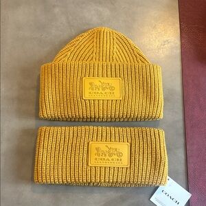 Coach mustard color Knit Beanie and headband bundle with Logo Patch, NWT